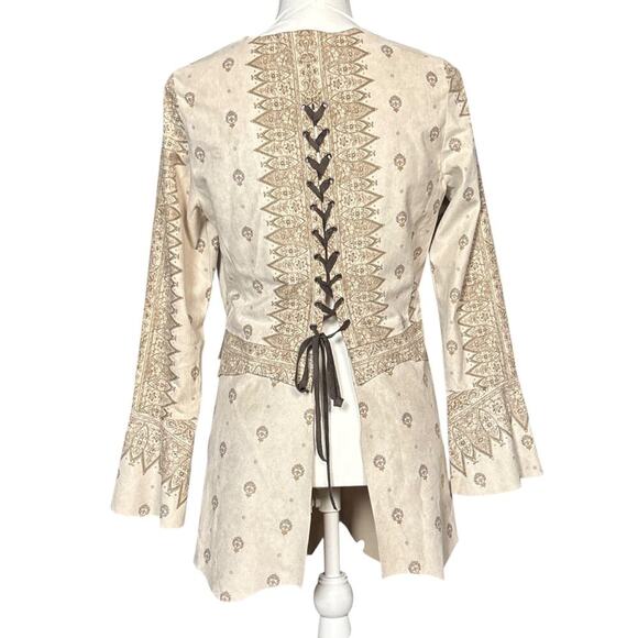 Vocal Jacket Size Small Tan  Flared Sleeve Open Front Ruffle Suede Lace Up Back - Picture 2 of 7
